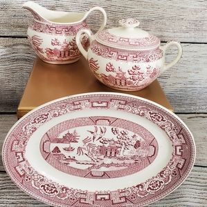 Red transferware cream and sugar with plate
